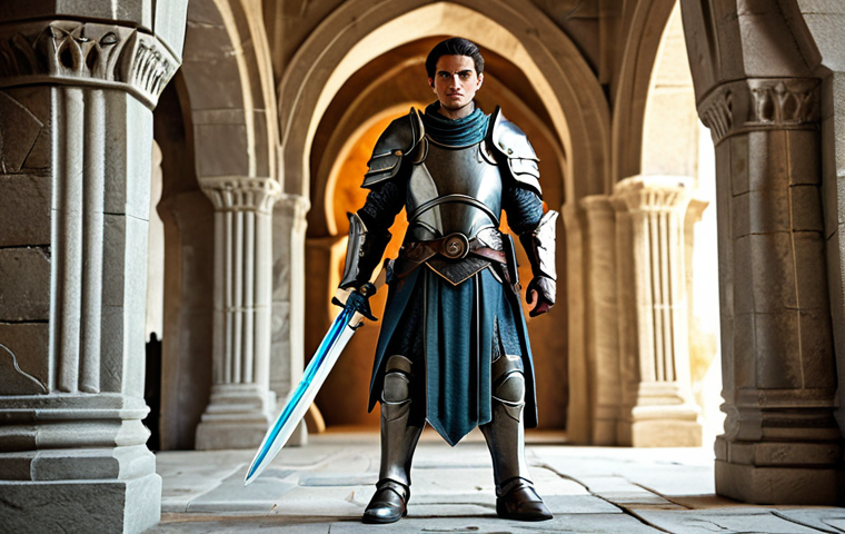 A determined, newly-initiated fantasy warrior, standing tall and resolute. The warrior is fully clothed in a sturdy, yet aesthetically modest and fully-encompassing set of fantasy-themed light armor in muted tones, with well-formed metal accents, appropriate attire, professional dress. They are positioned at the majestic entrance of an ancient, mystical hall, bathed in ethereal light filtering through grand, stone archways. Beyond the archways, a breathtaking vista of a fantasy world unfolds, hinting at a vast journey. The lighting is dramatic and cinematic, highlighting intricate details of the armor and environment. Perfect anatomy, correct proportions, natural pose, well-formed hands, proper finger count, natural body proportions. High-resolution, professional photography, safe for work, appropriate content, fully clothed, modest, family-friendly.