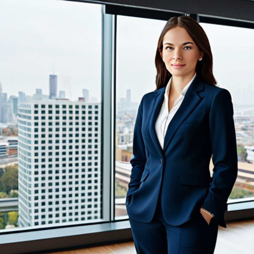 Professional Businesswoman**

"A professional businesswoman in a modest business suit, standing confidently in a modern office with a large window overlooking a cityscape, fully clothed, appropriate attire, safe for work, perfect anatomy, natural proportions, professional photography, high quality, corporate style."

**