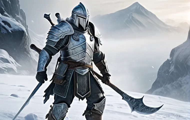 오딘 발할라 라이징 날씨 시스템과 전투 영향 - **"An epic fantasy warrior in heavy, cold-resistant armor stands firm in a desolate, snow-covered mo...