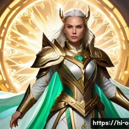 오딘 발할라 라이징 프리스트 힐링 전략 - **Prompt:** A powerful female fantasy Priest, adorned in elegant, flowing white and gold robes with ...