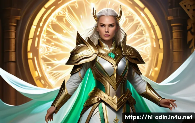오딘 발할라 라이징 프리스트 힐링 전략 - **Prompt:** A powerful female fantasy Priest, adorned in elegant, flowing white and gold robes with ...