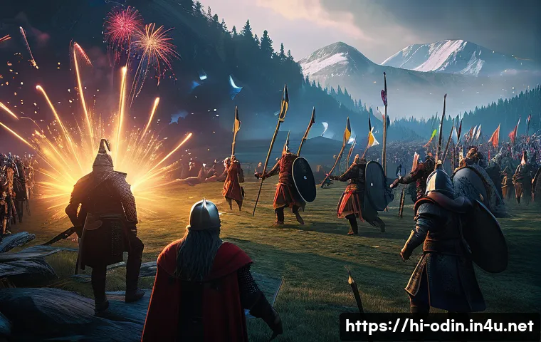 오딘 발할라 라이징 무료 의상 스킨 획득법 - A vibrant digital scene of a festive in-game event from Odin: Valhalla Rising, showcasing a diverse ...