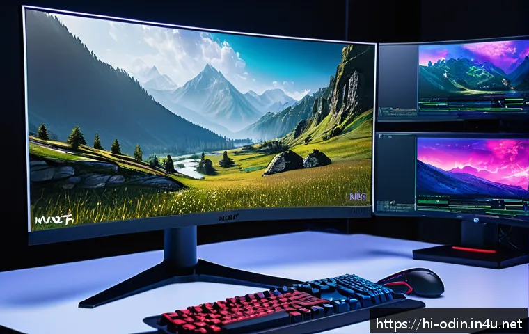 오딘 발할라 라이징 최적화된 그래픽 설정 - A detailed gaming setup scene showcasing a high-end PC with dual monitors displaying a popular game ...