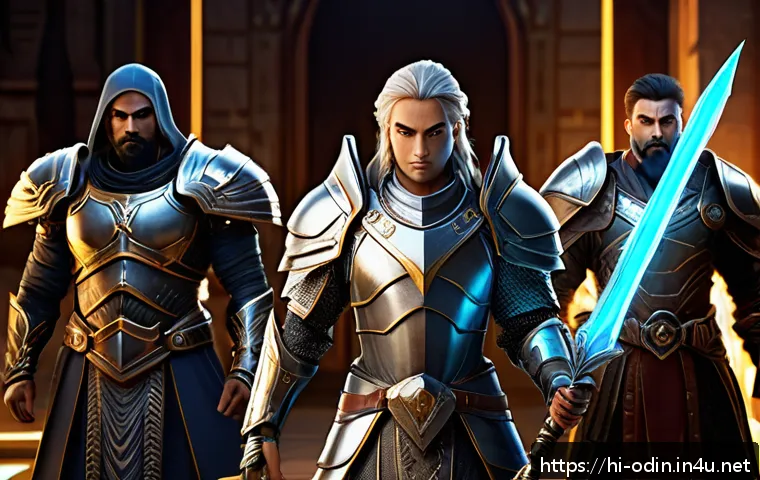 오딘 발할라 라이징 직업 추천 - A detailed fantasy game character selection scene featuring three distinct classes: a Damage Dealer ...