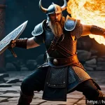 Home 18 오딘 발할라 라이징 결투장 공략 - A dynamic Duel Arena battle scene featuring a Viking Warrior character clad in intricate, heavy armo...