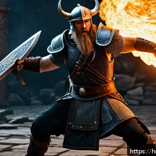 Home 28 오딘 발할라 라이징 결투장 공략 - A dynamic Duel Arena battle scene featuring a Viking Warrior character clad in intricate, heavy armo...