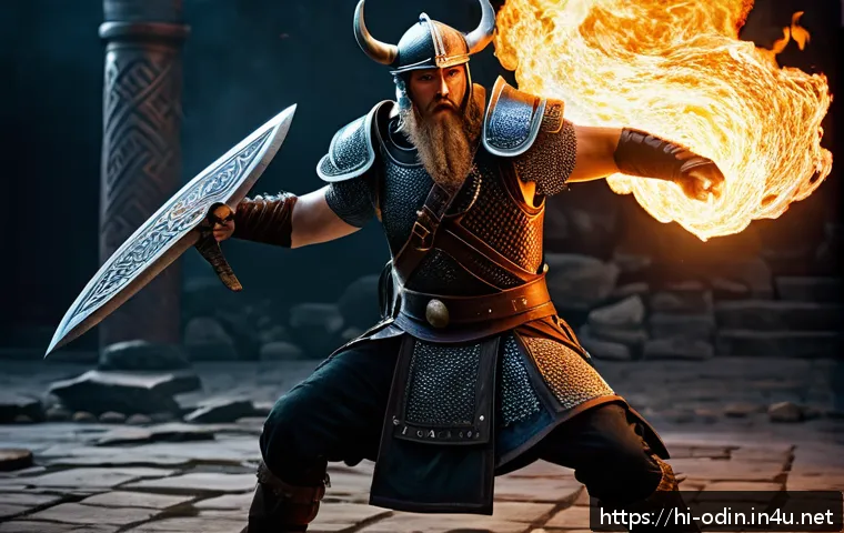 오딘 발할라 라이징 결투장 공략 - A dynamic Duel Arena battle scene featuring a Viking Warrior character clad in intricate, heavy armo...