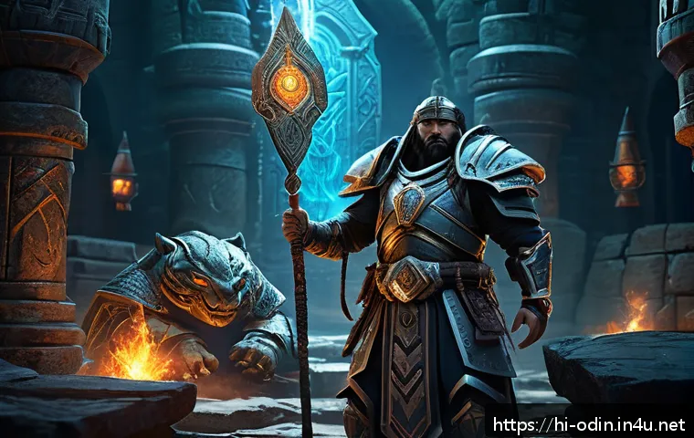 오딘 발할라 라이징 던전 클리어 팁 - A balanced dungeon raid team in a vibrant fantasy setting, featuring a sturdy tank clad in heavy def...