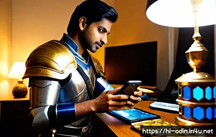 Home 17 오딘 발할라 라이징 상점 추천 아이템 - Photorealistic over-the-shoulder view of a Hindi-speaking Indian gamer at a clean home desk, compari...