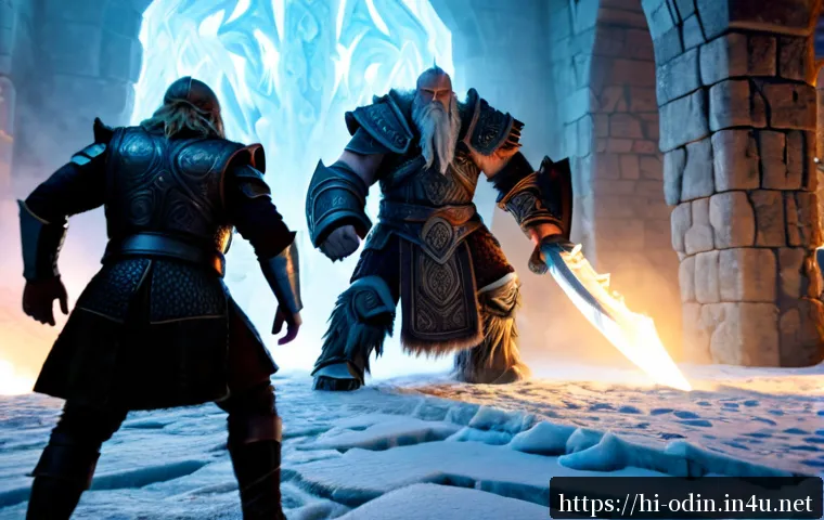 오딘 발할라 라이징 보스 공략법 - Photorealistic cinematic fantasy battle scene, a determined armored Viking warrior and two companion...